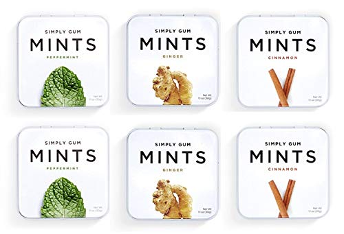 Breath Mints by Simply Gum, Assorted (Peppermint, Ginger, Cinnamon), Vegan, Non GMO, 45 Pieces, Pack of 6