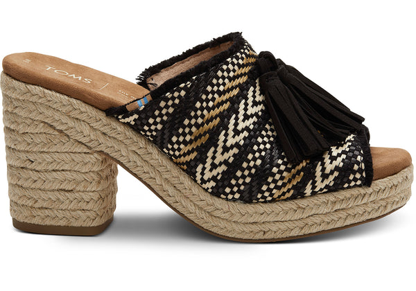 Black Geometric Woven with Tassel Women's Junie Wedged Sandals