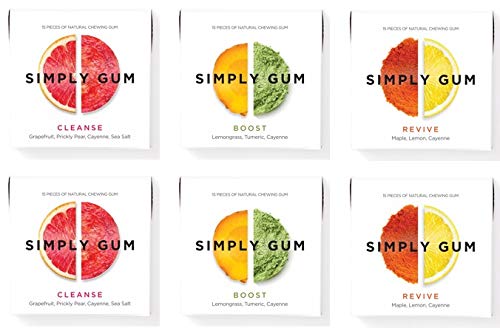 Simply Gum, Variety Pack Chewing Gum (Boost, Cleanse, Revive), Vegan, Non GMO, 15 Pieces, Pack of 6